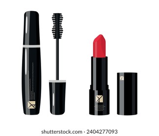 Lipstick and mascara set. Vector illustration in flat style.