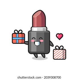 lipstick mascot cartoon giving the gift , cute style design for t shirt, sticker, logo element