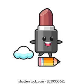 lipstick mascot illustration riding on a giant pencil , cute style design for t shirt, sticker, logo element