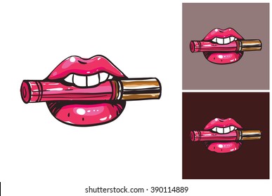 Lipstick mouth vector fashion image. Label with glamour lipstick mouth. Vogue beautiful lipstick mouth. Isolated element on white, gray and dark background.