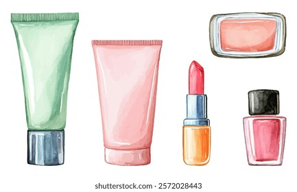 Lipstick, nail polish, cream, powder, various makeup products vector vibrant illustration. Perfect for beauty, fashionб skincare designs. Red bright lipstick, red nail polish. Youth teenage cosmetics.