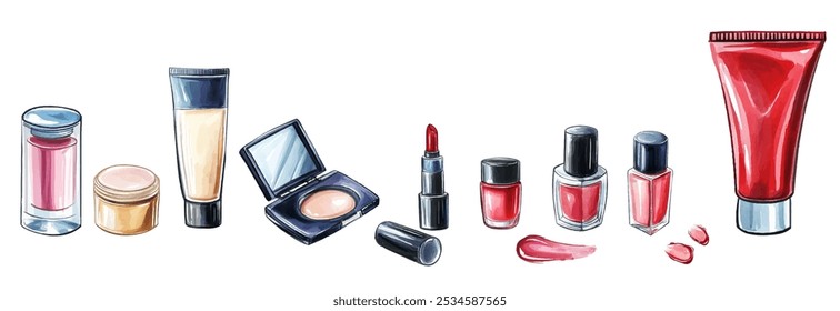 Lápiz labial, esmalte de uñas, crema, polvo, suero, corrector, base de varios productos de maquillaje Vector ilustración vibrante. Perfecto para diseños de belleza, moda y cuidado de la piel.