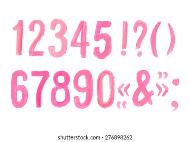 Lipstick and nail polish font numbers. Hand drawn red oil painting alphabet.