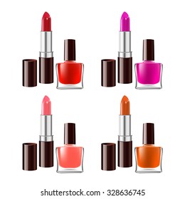 Lipstick and nail polish set isolated on white background. Gradient mesh.