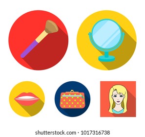 Lipstick on the lips, face brush, table mirror, cosmetic bag.Makeup set collection icons in flat style vector symbol stock illustration web.
