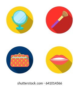 Lipstick on the lips, face brush, table mirror, cosmetic bag.Makeup set collection icons in flat style vector symbol stock illustration web.