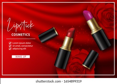 Lipstick on red wavy fabric with rose banner design vector illustration