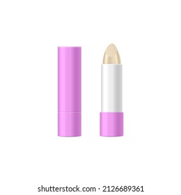 Lipstick package, mockup of lip balm tube in realistic 3d style, vector illustration isolated on white background. Cosmetic beauty product template.