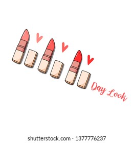 Lipstick packaging opened and have sample color for day look in top view, Cartoon version. illustration of doodles design