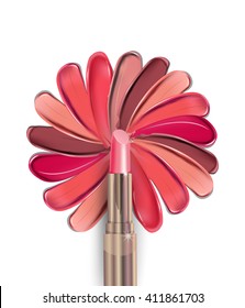 Lipstick painted in the shape of the "flower". Beauty and cosmetics background. Use for advertising flyer, banner, leaflet. Template Vector.