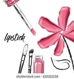 Lipstick painted in the shape of the "flower". Beauty and cosmetics background. Use for advertising flyer, banner, leaflet. Template Vector.