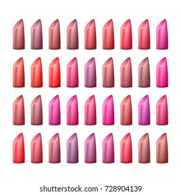 Lipstick Palette Vector. Different Colors Of Red And Pink. Glossy Lipstick For Woman Lips Make Up. Isolated Illustration