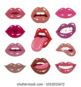 Lipstick palette. Vector illustration of sexy woman's lips expressing different emotions with various matte lipstick tones, such as red, nude, pink and violet. Isolated on white.