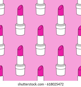 Lipstick pattern on pink background. Vector seamless