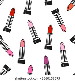 Lipstick pattern with red, pink, and purple shades on a white background. Hand-drawn seamless design for beauty-themed projects, wallpapers, textiles, and print.