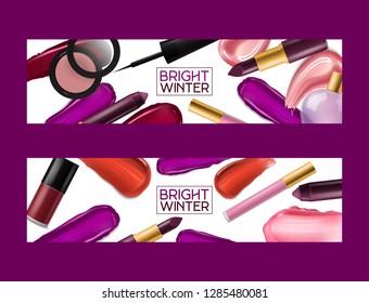 Lipstick pattern vector beautiful red color fashion pink lipgloss lip makeup art illustration backdrop set of shiny liquid female cosmetic background banner