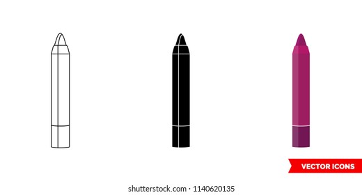 Lipstick pencil icon of 3 types: color, black and white, outline. Isolated vector sign symbol.