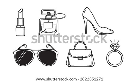 lipstick, perfume bottle, high heel, sunglasses, handbag and jewelry icons