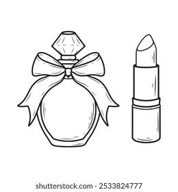 Lipstick e frasco de perfume ícone Ilustração vetorial em estilo doodle.