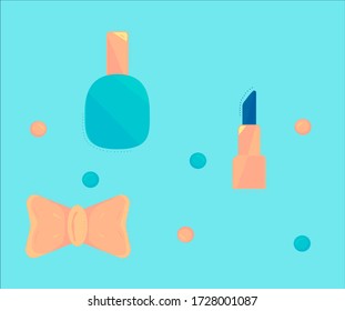 lipstick, perfume and bow for women on a blue background