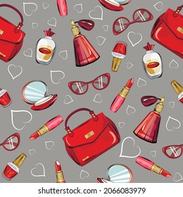 
Lipstick Perfume Handbag Seamless Pattern. Vector Illustration.