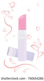 Lipstick pink in a gently lilac case - floral ornament on a white background - vector art illustration