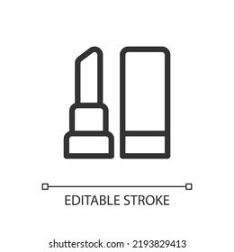 Lipstick pixel perfect linear ui icon. Beauty product selling. Cosmetics store. E commerce. GUI, UX design. Outline isolated user interface element for app and web. Editable stroke. Arial font used
