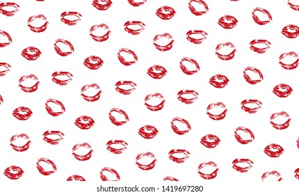 Lipstick print pattern vector illustration. Kiss texture background. Red color lips Imprint collection on white. Romantic lovely wallpaper. Gift wrap graphic design concept.