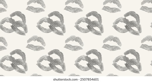 Patrón transparente de impresión de lápiz labial. Efecto de medio tono grunge arenoso, fondo de puntos con textura. Anuncio de moda, papel de regalo.