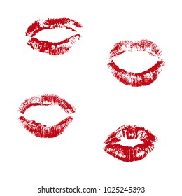 Lipstick print set vector Illustration. Red lips icon isolated on white background. Grunge texture on paper. Graphic elements for romantic, cosmetic, passion, valentine materials. Love sign for letter