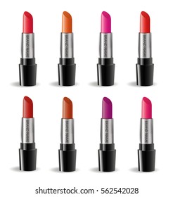 Lipstick realistic package set, isolated on white background. 3d collection of colored lipsticks, cosmetics mock-up for brand template. Vector illustration
