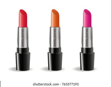 Lipstick realistic package set, isolated on white background. Collection of colored lipsticks, cosmetics mock-up for brand template. Vector illustration
