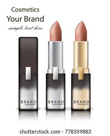 lipstick realistic packaging Vector. Mock up Original golden tube with Brand label decors