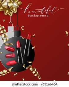 Lipstick red background, Christmas paper balls. The template for displaying cosmetic products. Vector Mock-Up