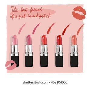 Lipstick red fashion beauty template vector makeup glamour. flat illustration design of procedure. Makeup artist business card. Art sketch