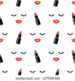 Lipstick and red lips. Seamless vector pattern. 