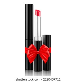Lipstick with a red ribbon and bow, isolated on white background. 3D realistic mockup. Present, Gift, Surprise concept. Cosmetics vector template. Use for advertising flyer, banner, package design.