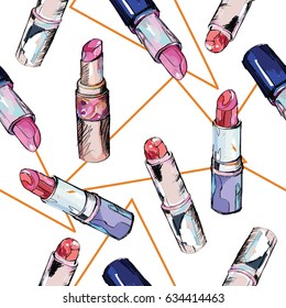 Lipstick seamless pattern. Fashion illustration.