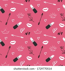 Lipstick seamless pattern, hand drawn fashion and beauty items, vector illustration.