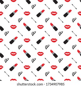 Lipstick seamless pattern, hand drawn fashion and beauty elements, vector illustration.