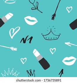 Lipstick seamless pattern, hand drawn fashion and beauty items, vector illustration.