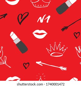 Lipstick seamless pattern, hand drawn fashion and beauty items, vector illustration.