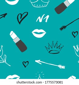 Lipstick seamless pattern, hand drawn fashion and beauty items, vector illustration.