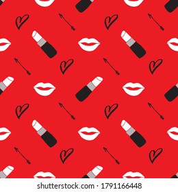 Lipstick seamless pattern, hand drawn fashion and beauty elements, vector illustration.