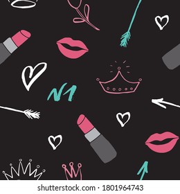 Lipstick seamless pattern, hand drawn fashion and beauty items, vector illustration.