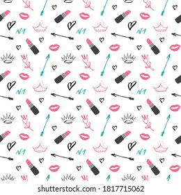 Lipstick seamless pattern, hand drawn fashion and beauty items, vector illustration.