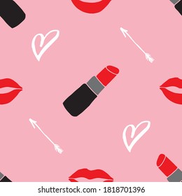 Lipstick seamless pattern, hand drawn fashion and beauty elements, vector illustration.