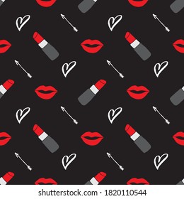 Lipstick seamless pattern, hand drawn fashion and beauty elements, vector illustration.