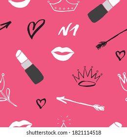 Lipstick seamless pattern, hand drawn fashion and beauty items, vector illustration.