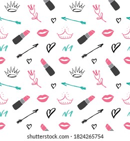 Patrón sin fisuras de lápiz labial, objetos de belleza y moda dibujados a mano, ilustración vectorial.